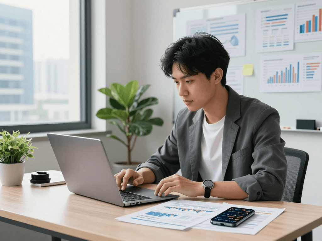 Analyzing financial data for debet app in a modern workspace.