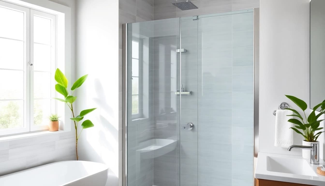 Showcase of shower screens semi frameless, highlighting elegance and modern design in a bright bathroom setting.
