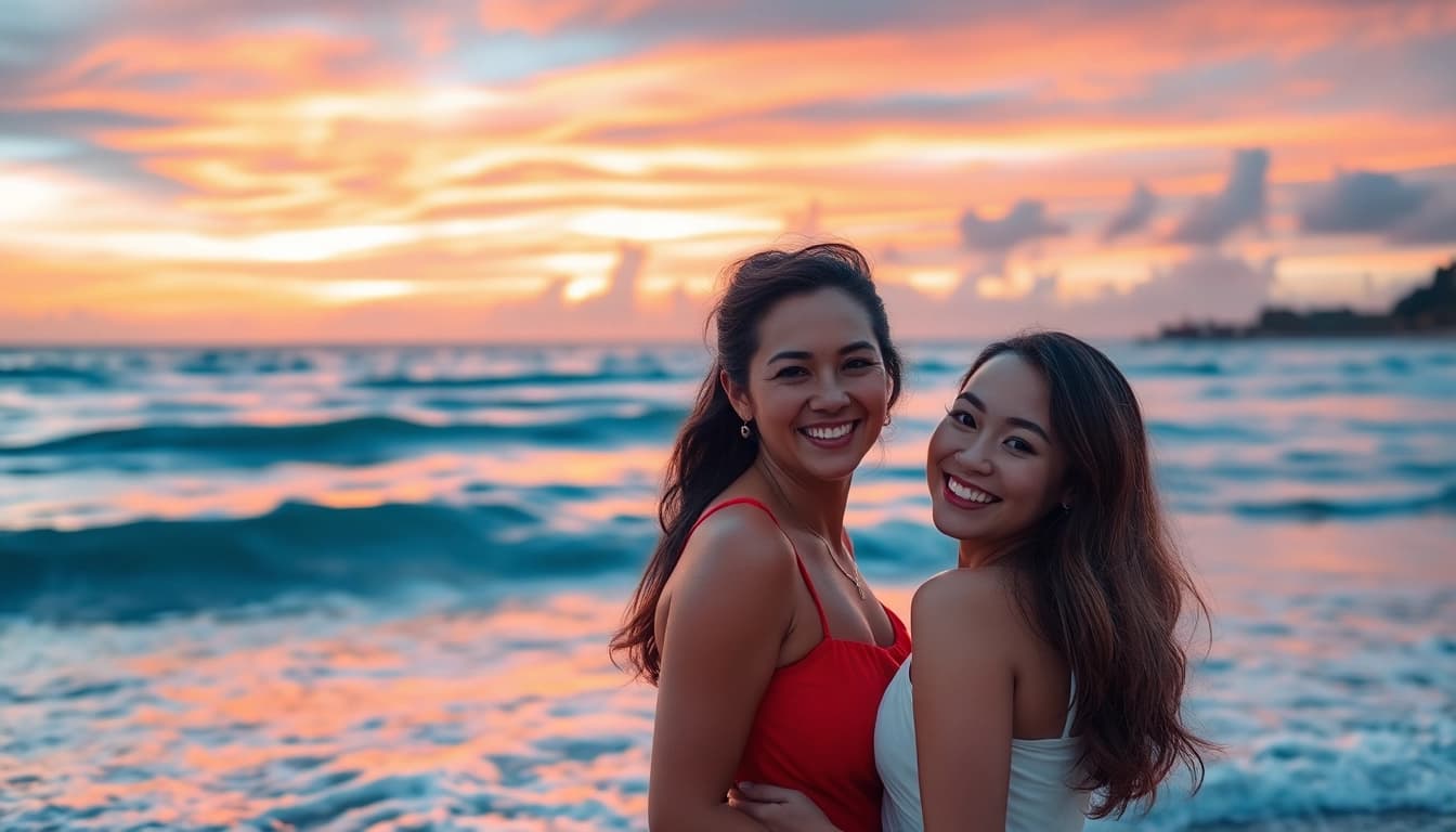 Capture of Destination photographer documenting a couple's sunset moment on a tropical beach.