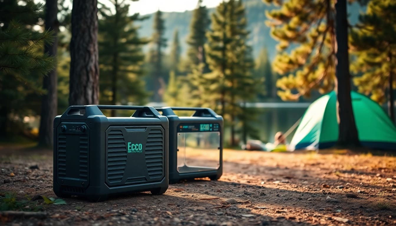 EcoFlow portable power station powering devices outdoors in a scenic camping environment.