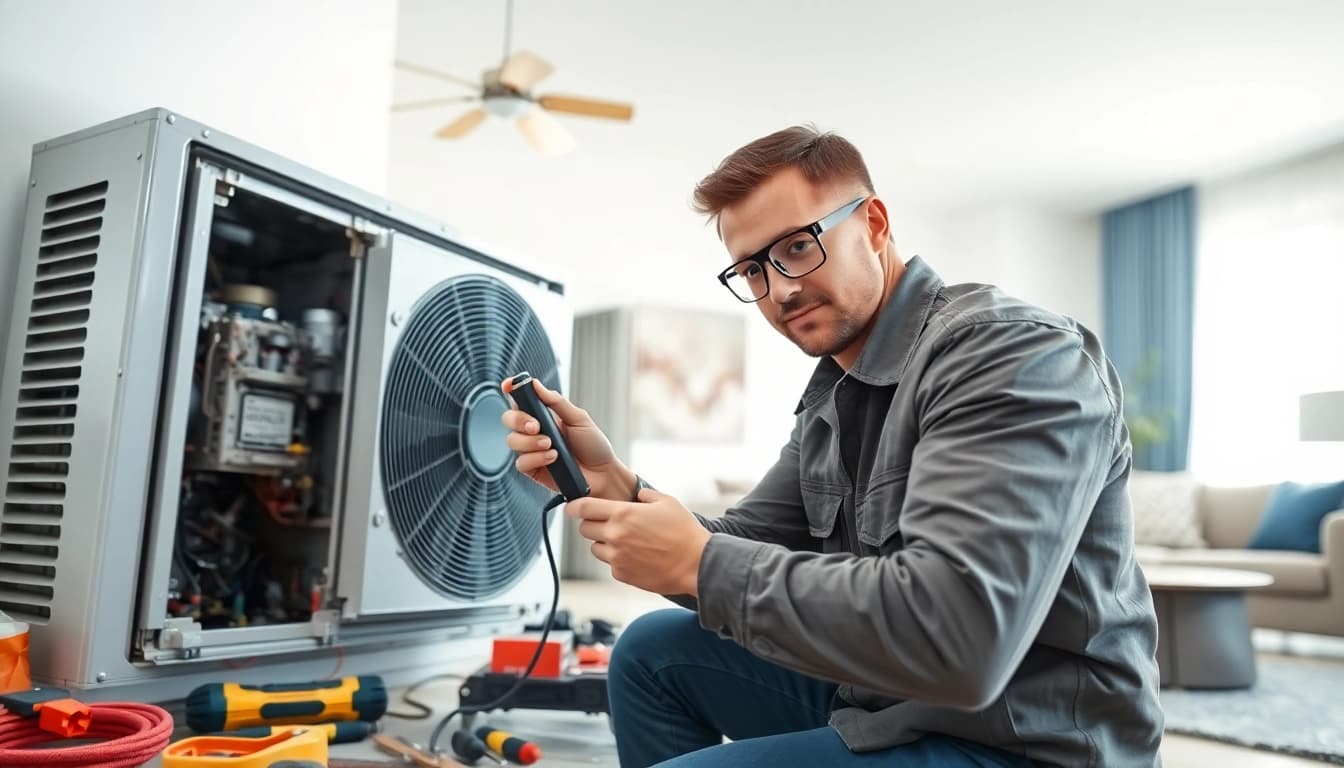 AC Repair Tampa technician inspecting AC unit in modern home setting.