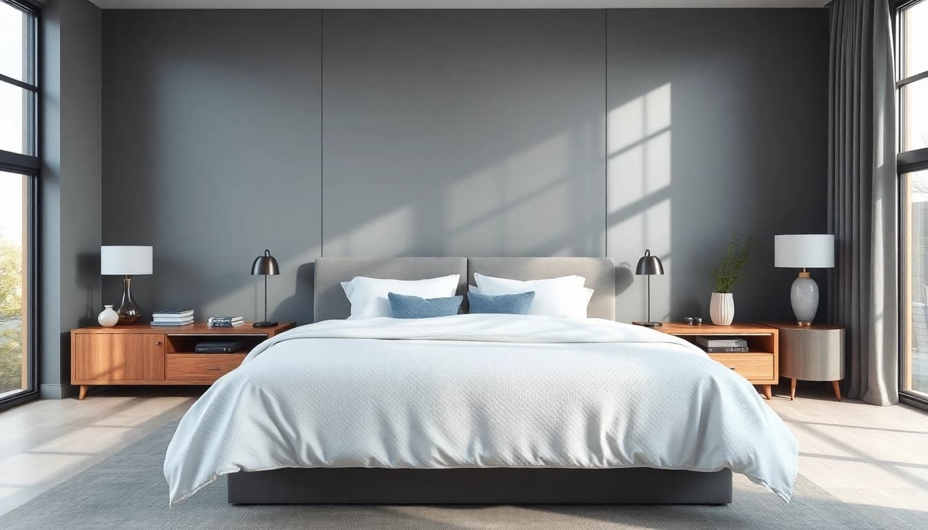 Visual showcasing king bed dimensions in a serene modern bedroom with soft lighting.
