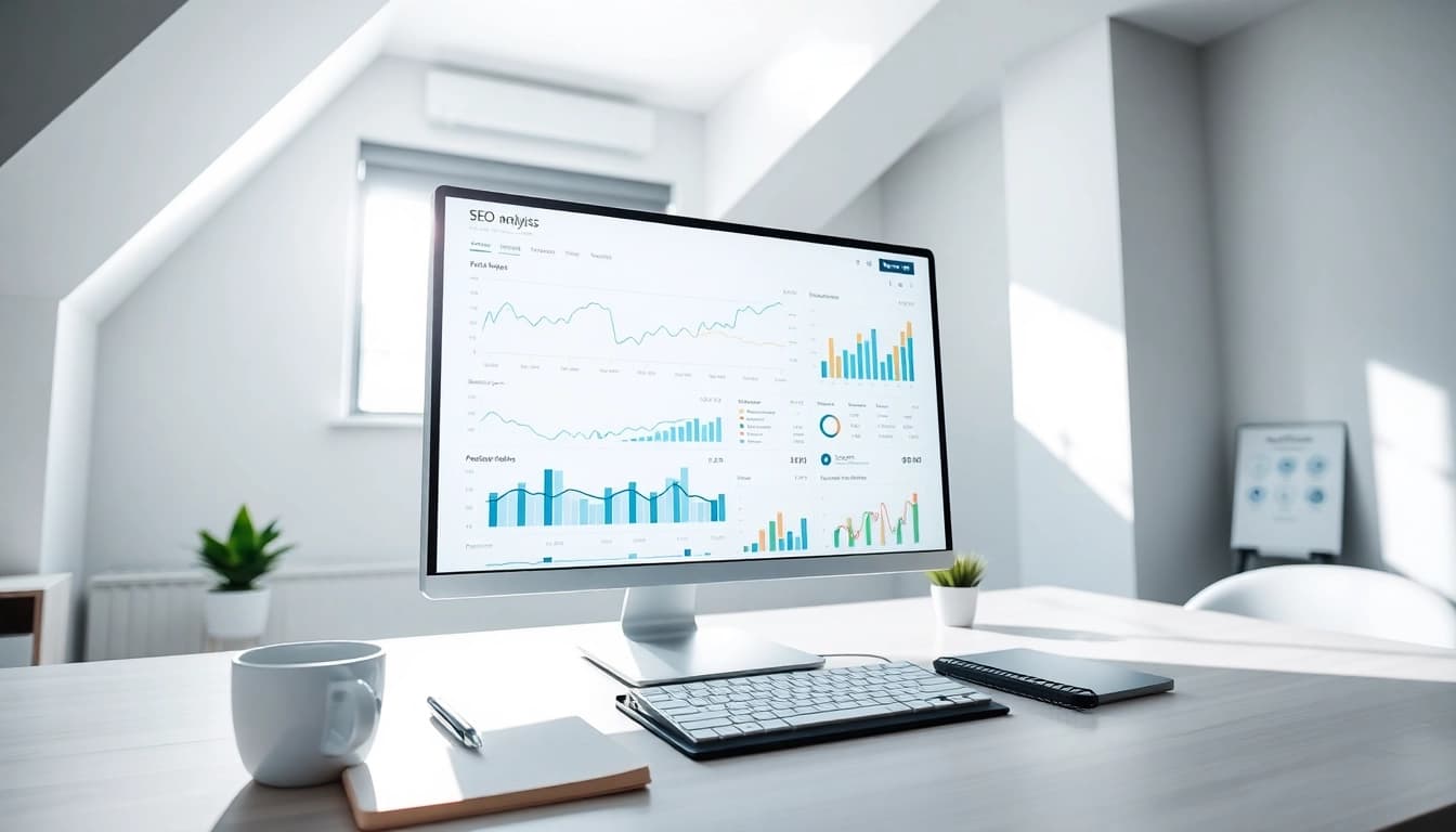 Analyze your SEO Rank with a professional workspace, featuring analytics and a vibrant environment.