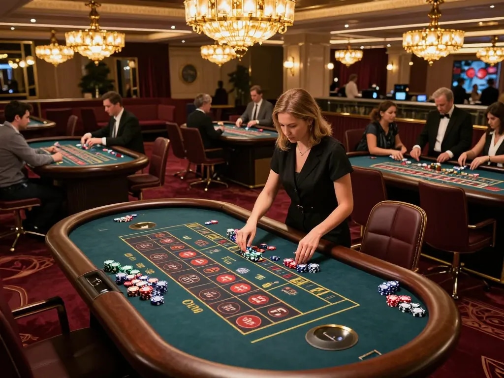 Players enjoying the excitement of 789 casino roulette, strategic bets placed with vibrant chips, lively atmosphere.