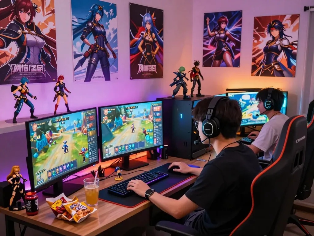 Engaged player immersed in a hentai game experience with colorful gameplay visuals.