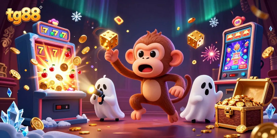 Engage with tg88 action-packed scene showcasing a mischievous poltergeist monkey juggling at a haunted casino.