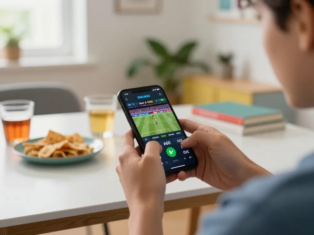 cm88 user placing bets on sports events through mobile app with snacks in comfortable home setting