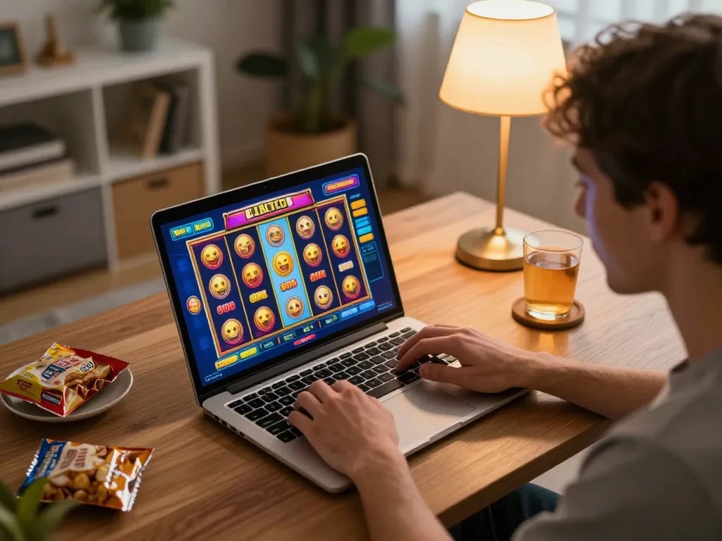 Player enjoying situs slot gacor on laptop with vibrant game interface, warm home atmosphere.