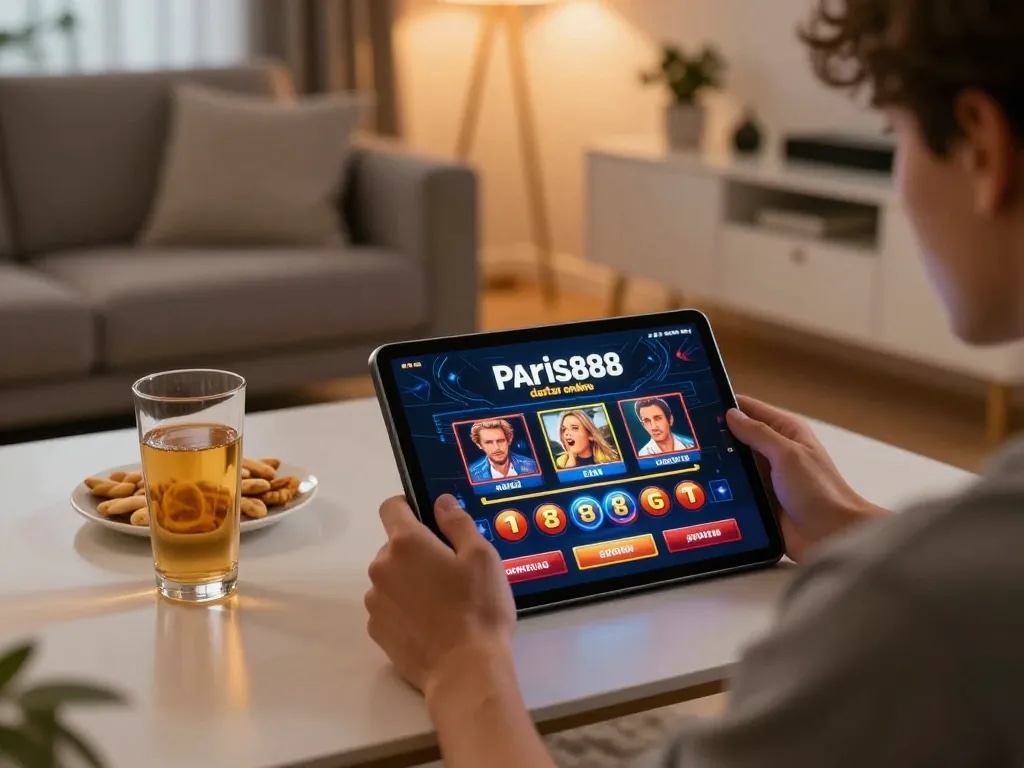 Engaged player accesses paris888 daftar for online slots in a cozy home gaming setup.
