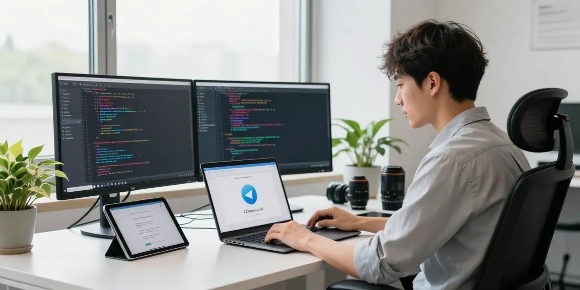 Engaged developer coding Telegram Download on a modern workstation with dual monitors and tablet.