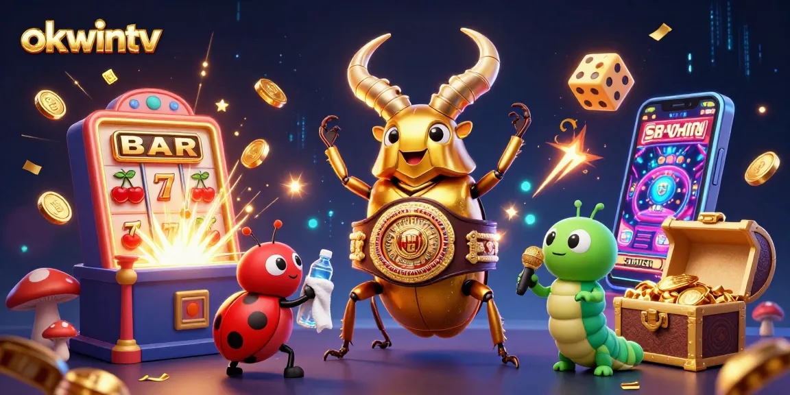 Experience thrilling action with okwintv while witnessing a golden beetle champion in a vibrant casino scene.