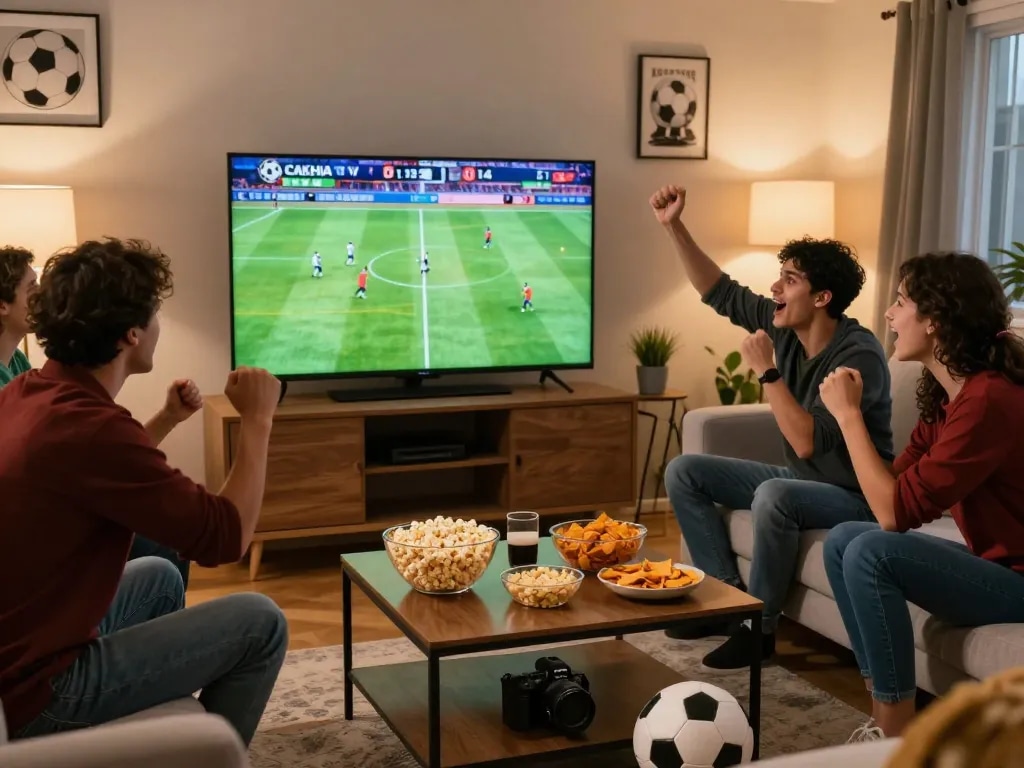 Exciting football viewing experience at home with friends using CakhiaTV for live matches.