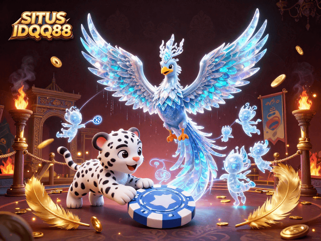Engage with SITUS IDQQ88's ice phoenix, snow leopard cub, and glowing sprites in a vibrant casino scene.
