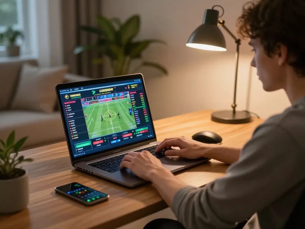 Engaging in live betting with keonhacai, user focused on laptop screen displaying real-time sports odds.