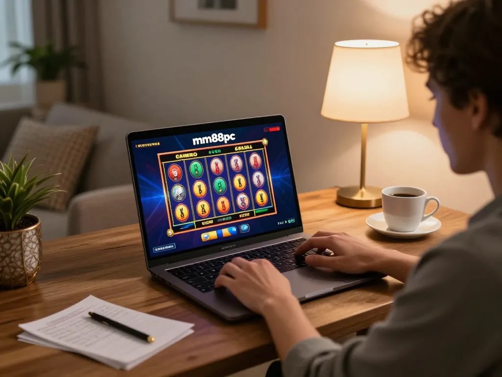 Player engaging in vibrant slot game action on mm88pc from stylish home desk, showcasing exciting online gaming.
