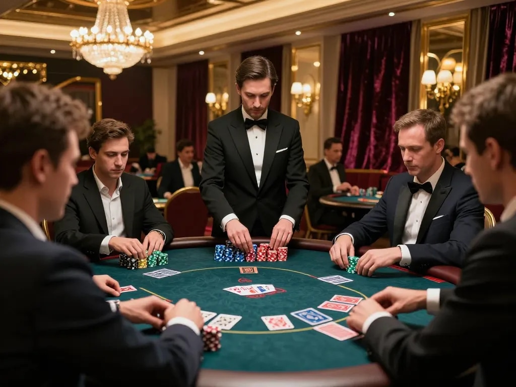 Players engaging in a high-stakes poker game at TR88's exclusive gaming table in a luxurious casino.
