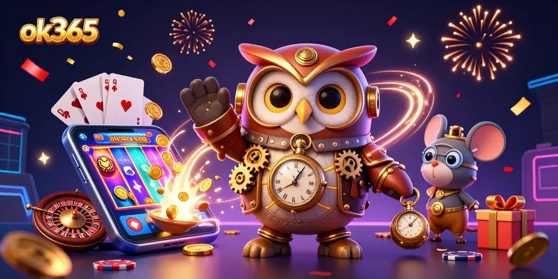 Spin the reels with ok365 as the steampunk owl and mouse spotlight vibrant casino elements in dynamic action.