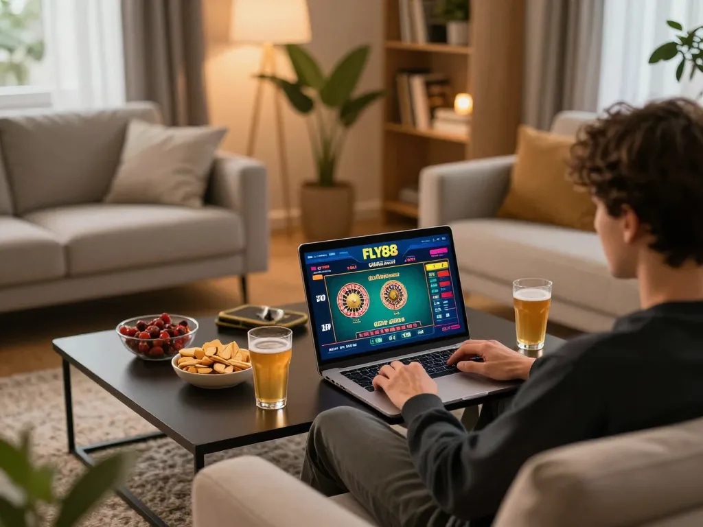 Engaging gameplay on FLY88's online casino platform with vibrant laptop interface in cozy living setting.