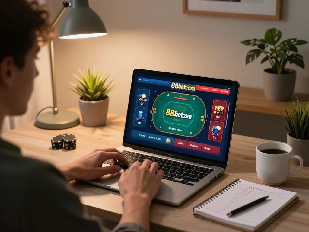 Engaging in online poker at 88betcom with strategic notes and warm home lighting.