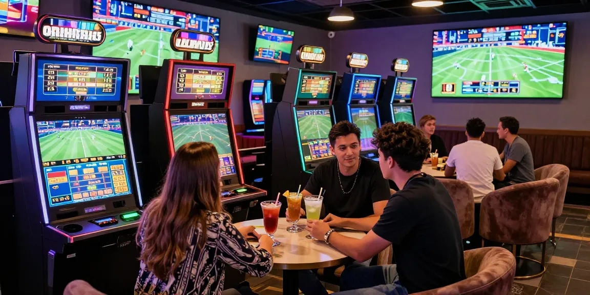 LUCK8 lively online casino gaming lounge scene with friends enjoying sports betting and vibrant ambiance.