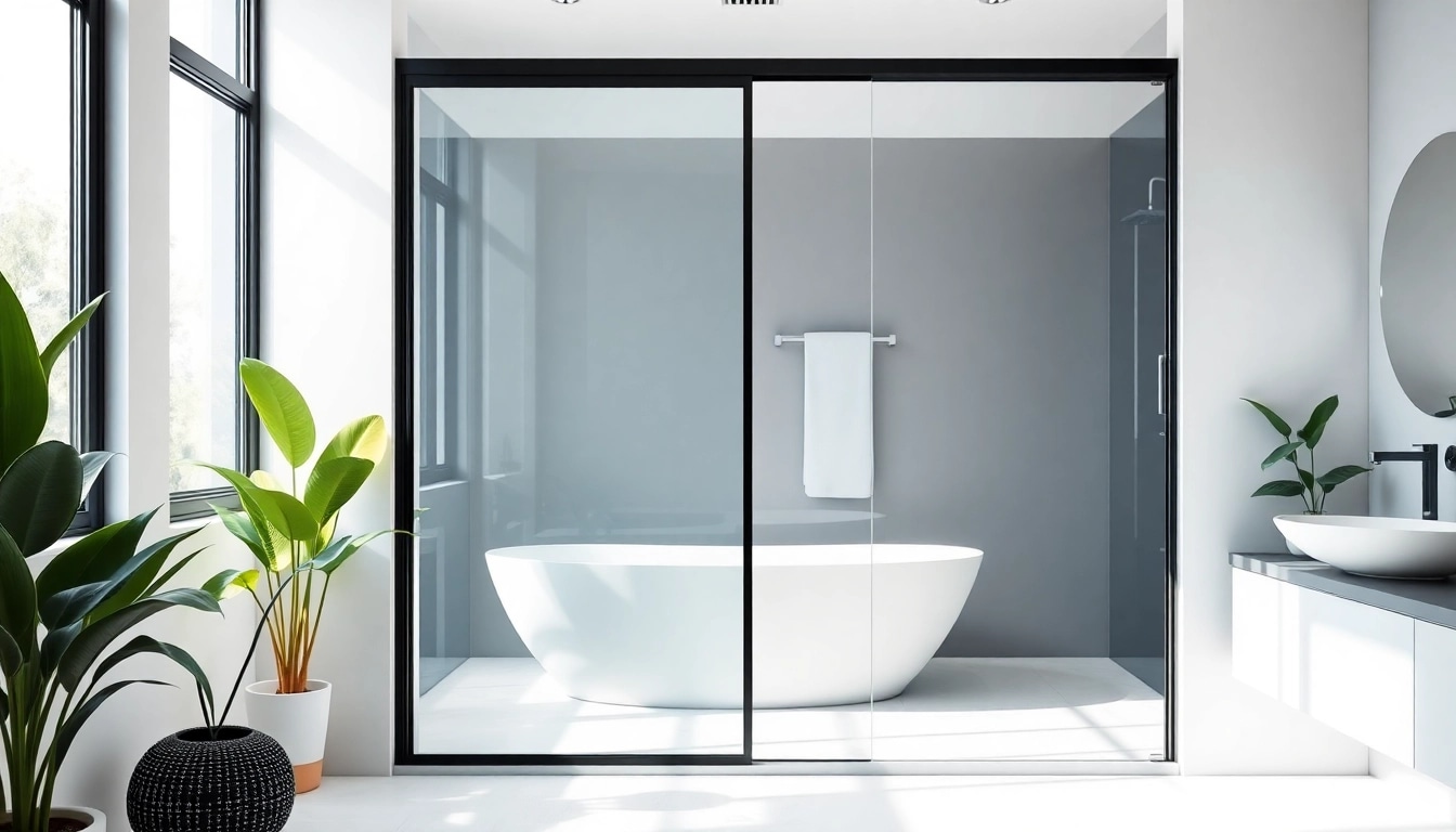 Modern black shower sliding door elegantly integrated in a chic bathroom.