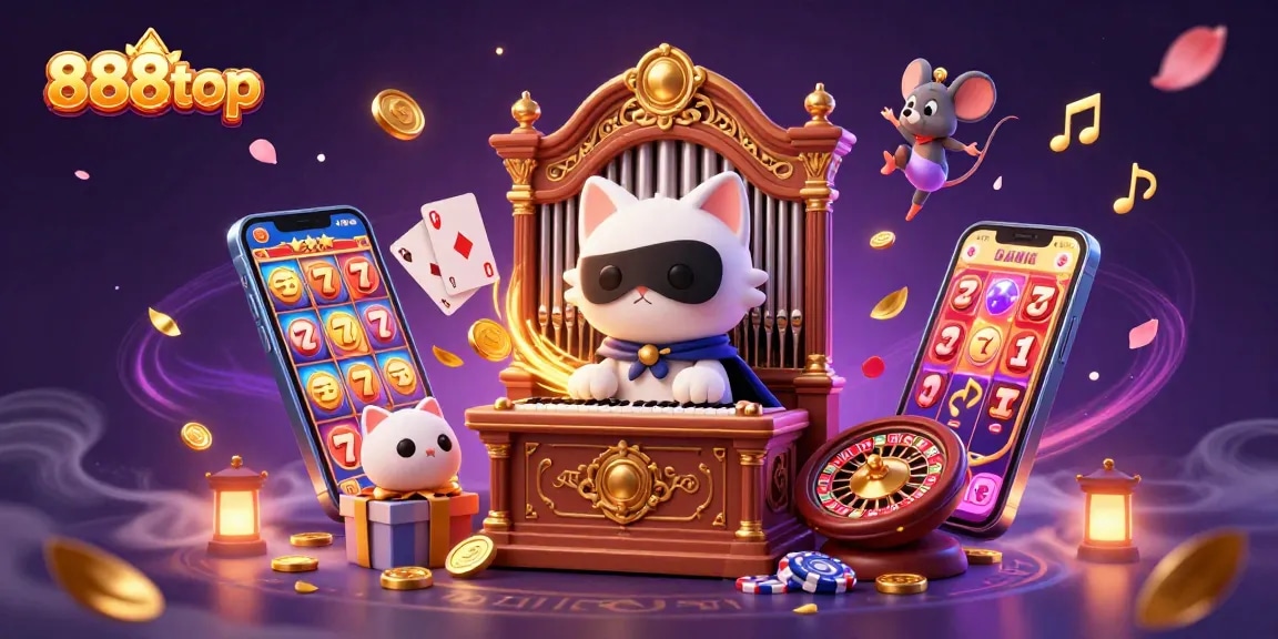 Experience thrilling games at 888top with a lively casino scene showcasing animated characters and vibrant gaming elements.