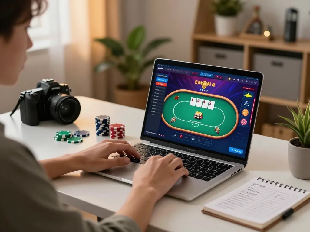 Engaged player enjoying壹發娛樂 online poker game at home with strategic notes.