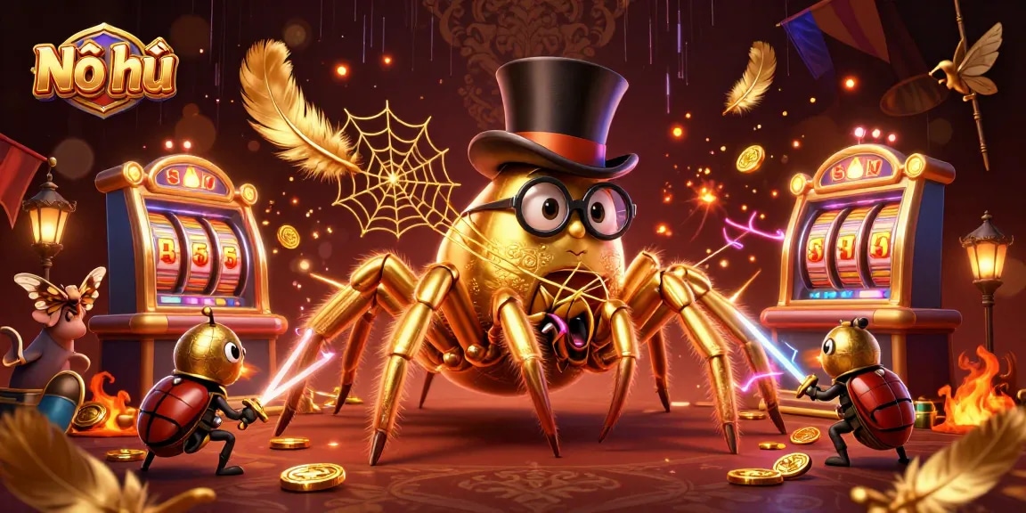Nổ hũ jackpot scene featuring a golden spider and knight in an exciting casino illustration.