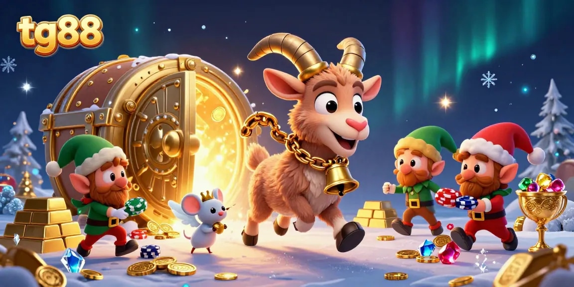 Engage with tg88 in a vibrant casino scene featuring a Krampus goat, angel mouse, and mischievous gremlins.