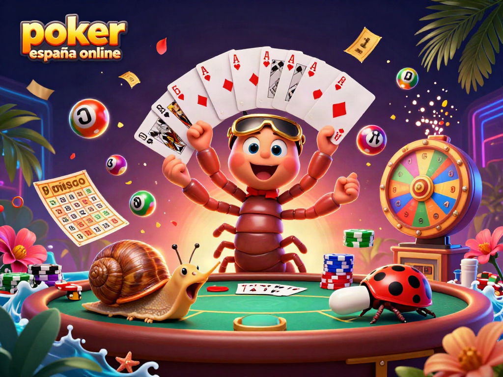 Participa en emocionantes juegos de poker españa online con un colorido diseño de casino y personajes animados.