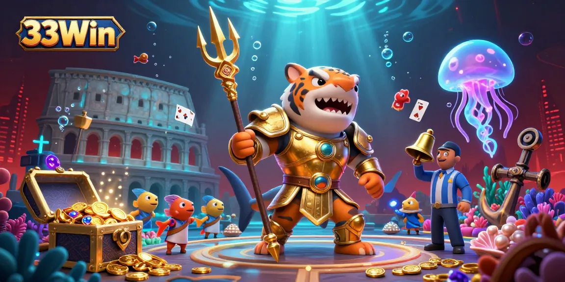 Engage with the vibrant underwater world of 33Win, featuring a dynamic tiger shark and thrilling casino elements.