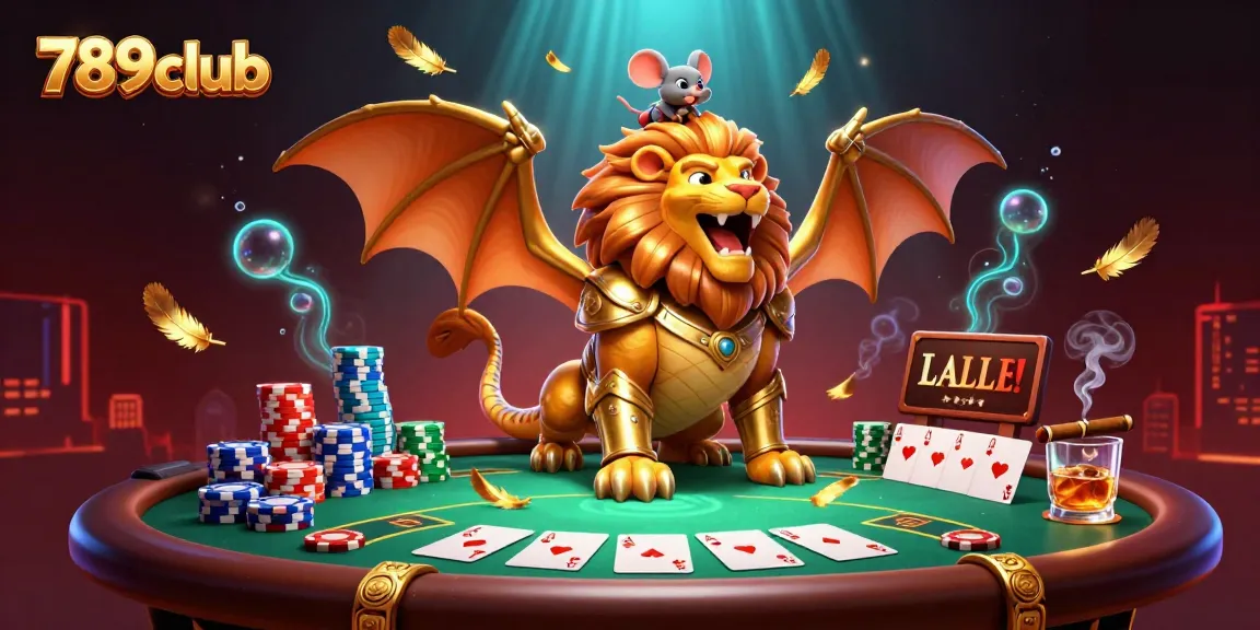 Engaging 3D scene showcasing 789club gaming excitement with a chimera creature and poker elements.