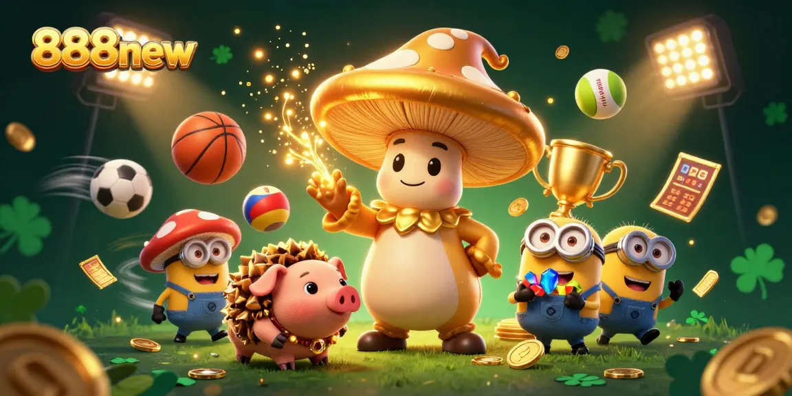 Experience thrilling gaming adventures with 888new's magical illustrations of sports and treasures.