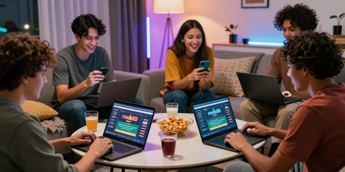 Friends enjoying a gaming night showcasing the rokok88 link alternatif on their devices in a vibrant living room.