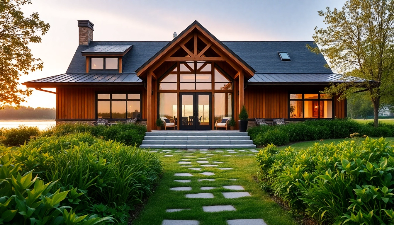 Admiring Winding River Farmhouse New Build with stunning architecture and lush landscape.