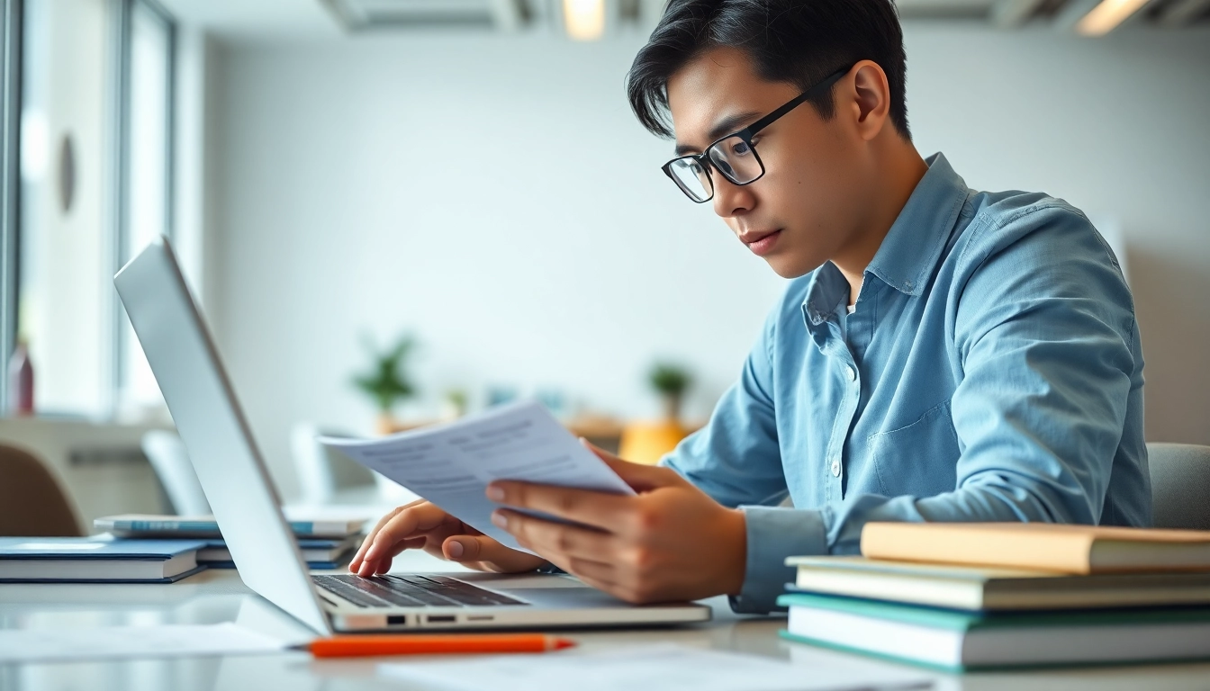 Hire TOEIC test takers for hire focused on studying in a bright office setting.