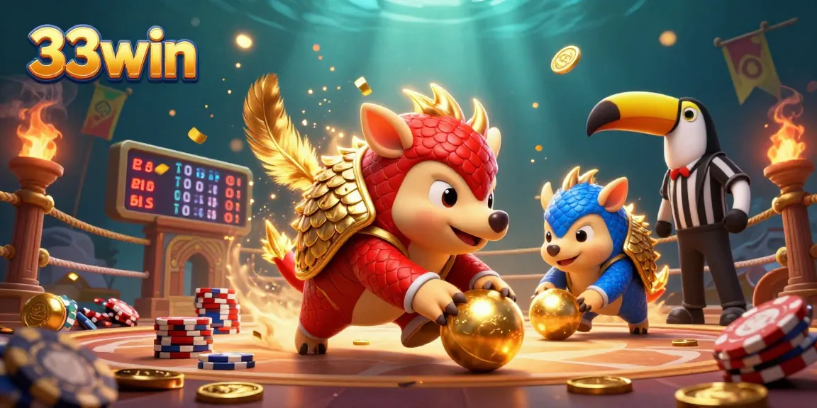 Engage in thrilling gameplay with 33win as colorful pangolins bowl through poker chips amidst dynamic casino elements.