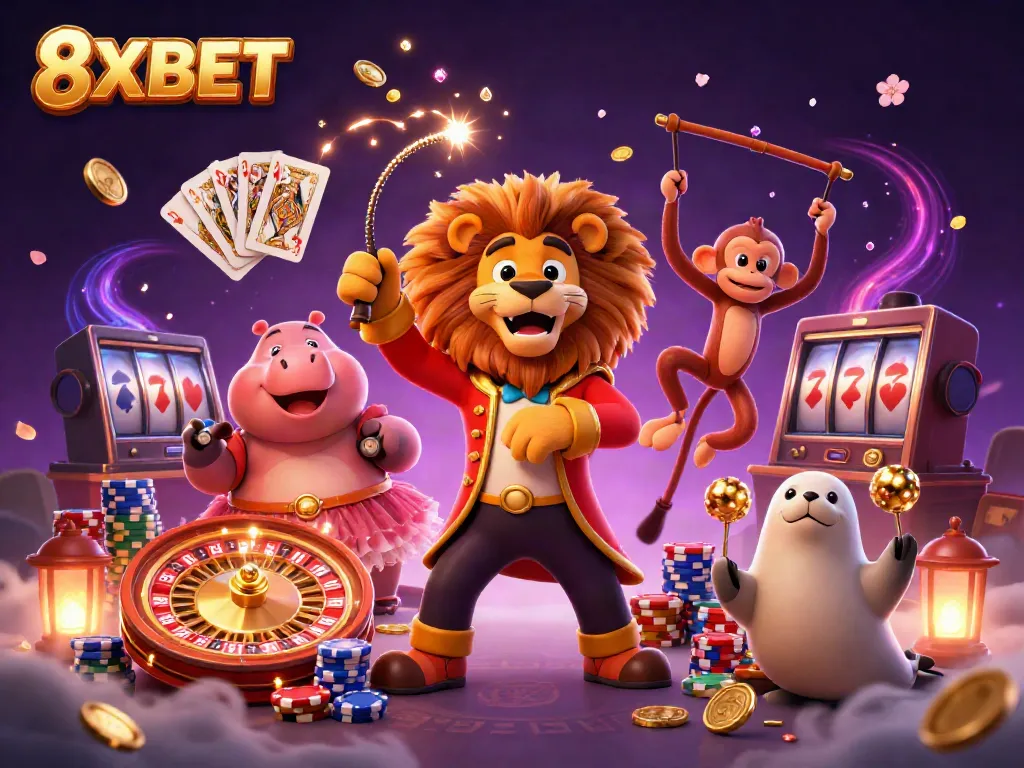 Experience excitement at 8XBET with vibrant characters amidst cascading coins and gaming elements.