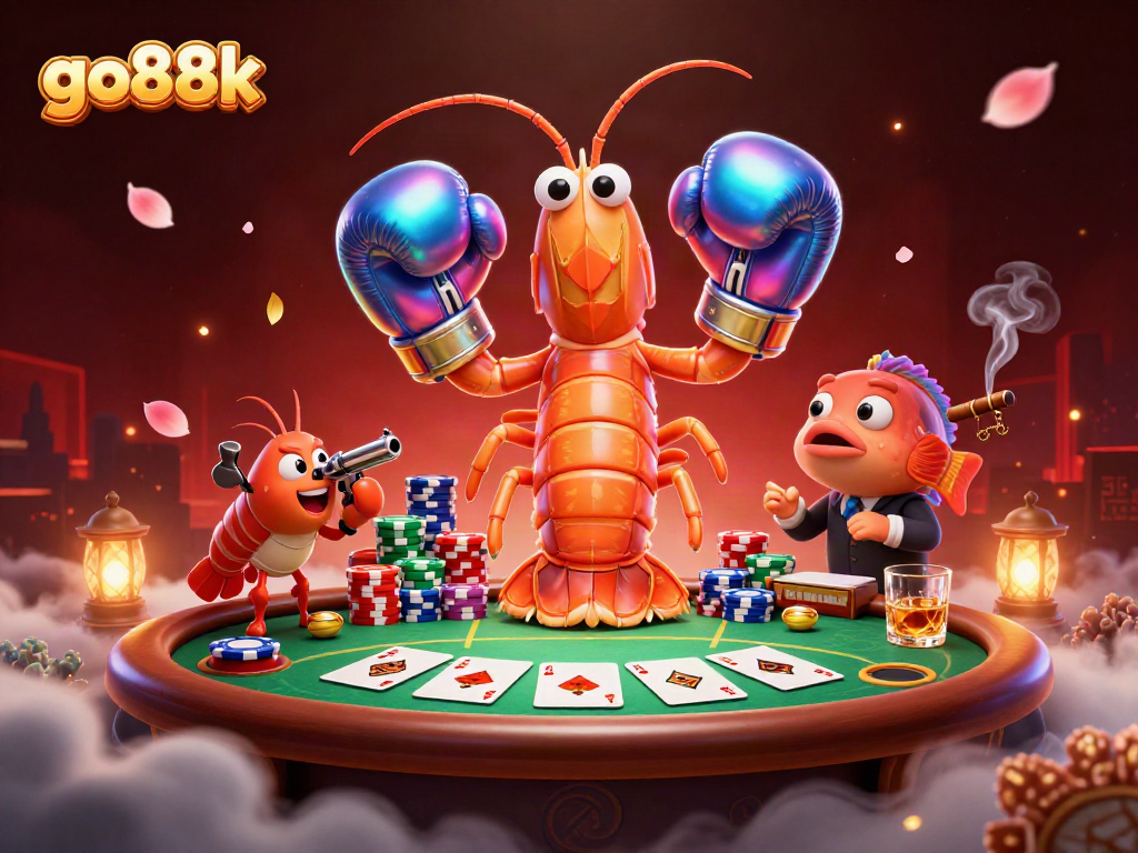 Go88k poker scene featuring vibrant characters, chip stacks, and cards, illustrating high-stakes excitement.