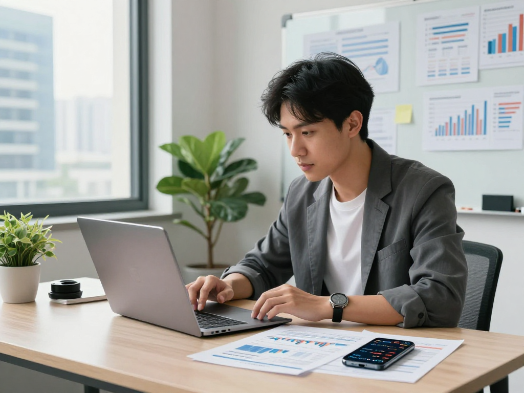 Analyzing financial data for debet app in a modern workspace.