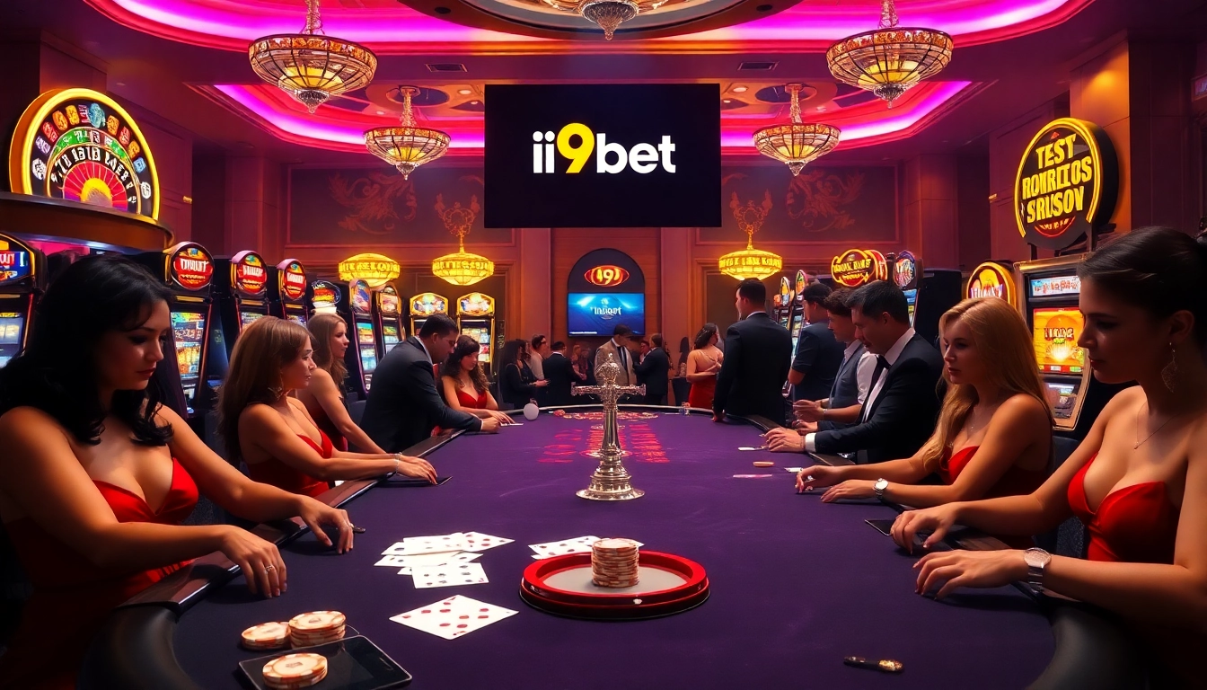 i9bet players engaging at a luxurious casino table with vibrant slot machines in the background