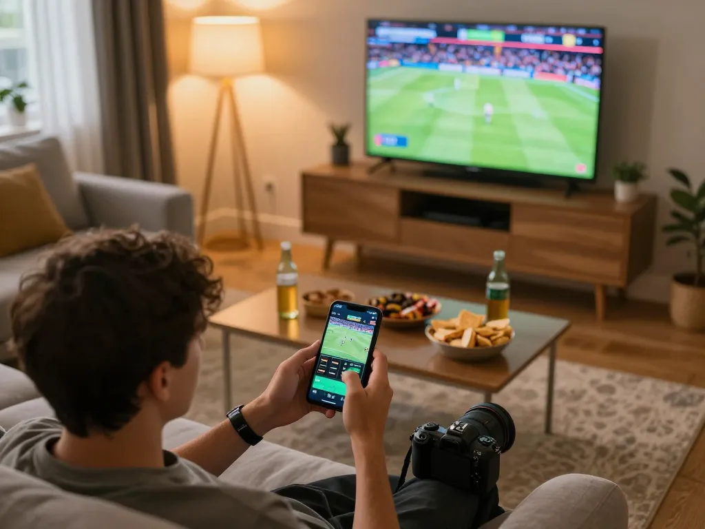 Bet88 user enjoying live sports betting on smartphone in a cozy home setting