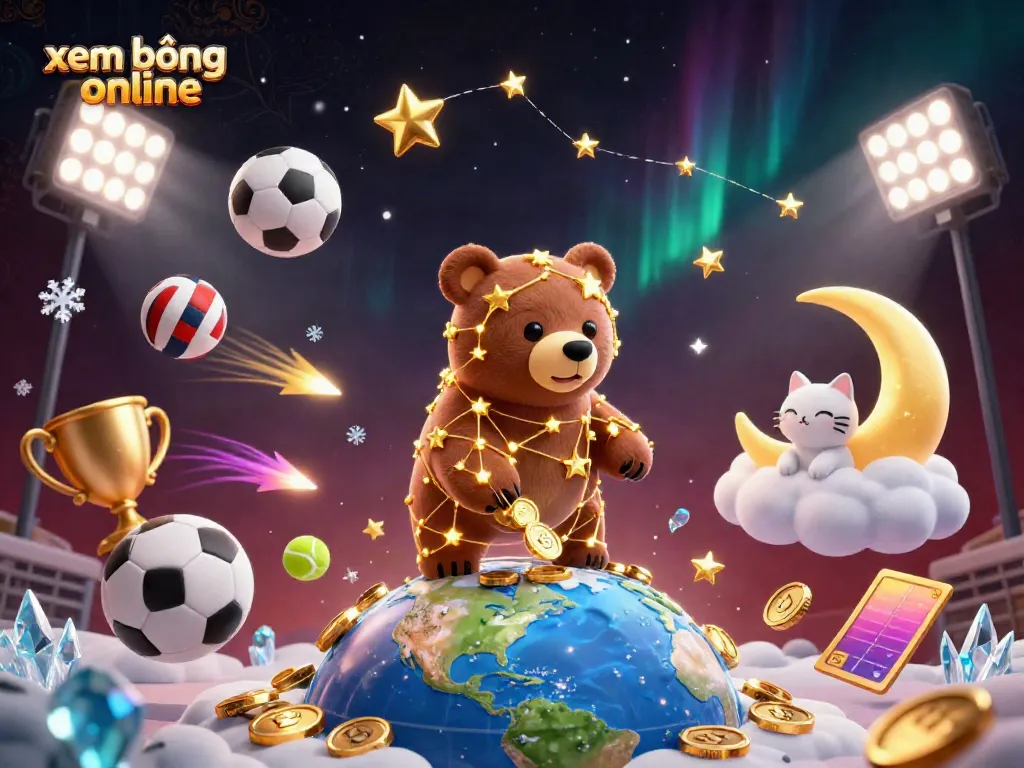 Experience the thrill of xem bóng đá online with a constellation bear scooping coins and sports elements.