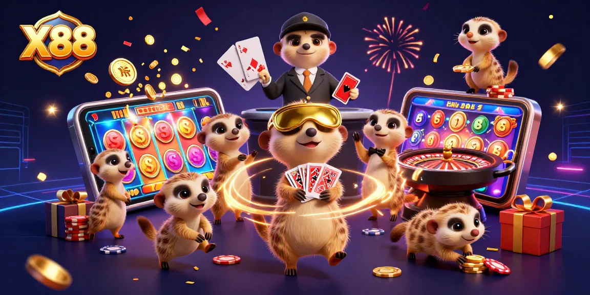 X88 meerkats managing a vibrant casino, bringing excitement with colorful slots and festive elements.
