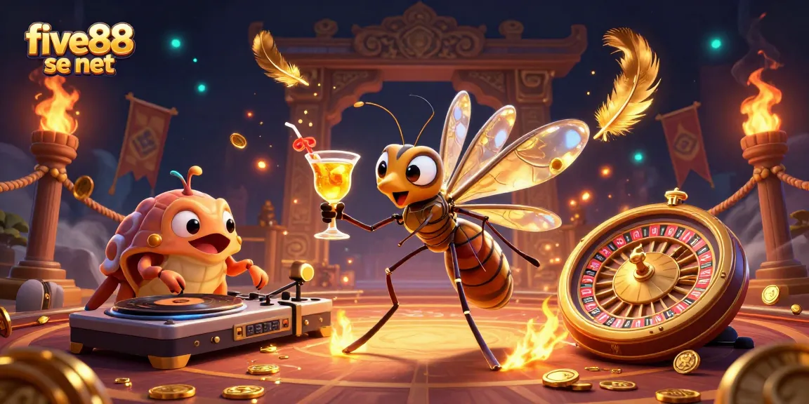 Engage with five88 se net's vibrant casino scene featuring a mosquito mascot and trilobite DJ enhancing your gambling experience.