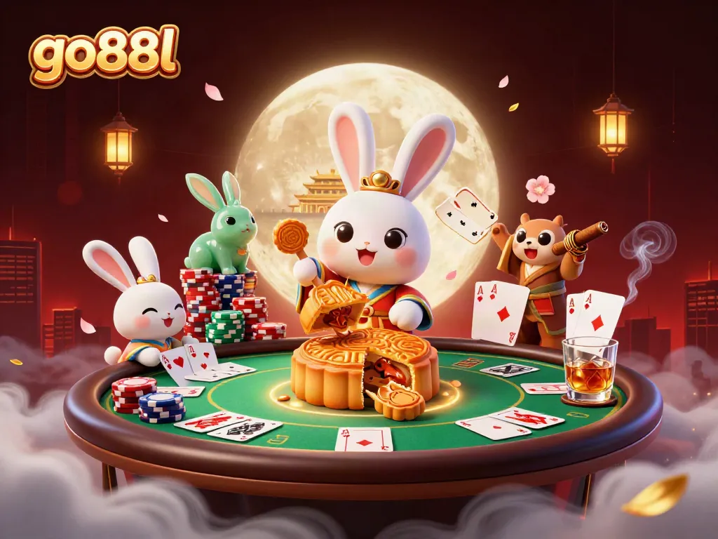 Engage in go88l poker excitement with a vibrant moon rabbit scene featuring golden poker chips.