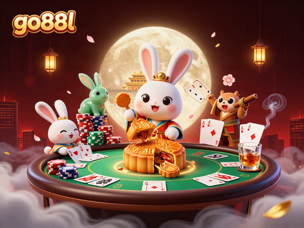 Engage in go88l poker excitement with a vibrant moon rabbit scene featuring golden poker chips.