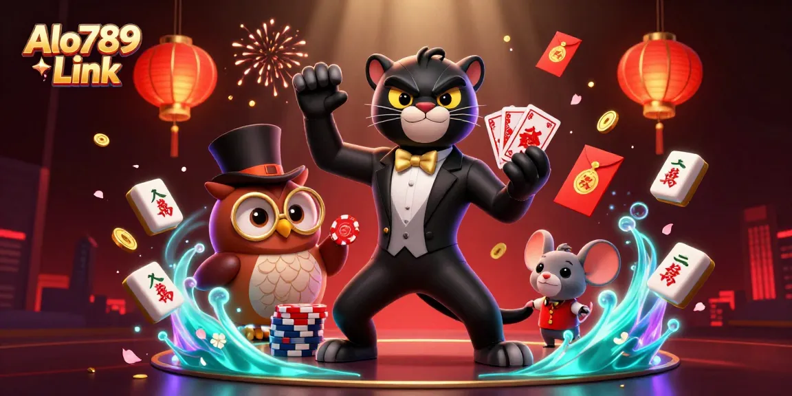 Alo789 Link showcases a 3D scene with a stylish panther dealing cards, an owl holding chips, and a lucky mouse, embodying an exciting online gambling ambiance.
