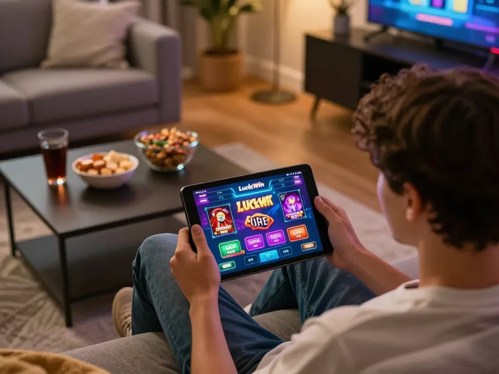 Player enjoying a mobile session on the LuckyWin app with snacks in a cozy setting