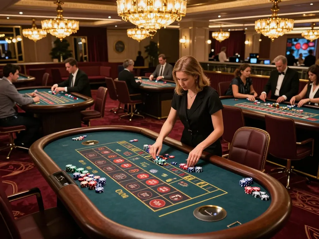 Players enjoying the excitement of 789 casino roulette, strategic bets placed with vibrant chips, lively atmosphere.